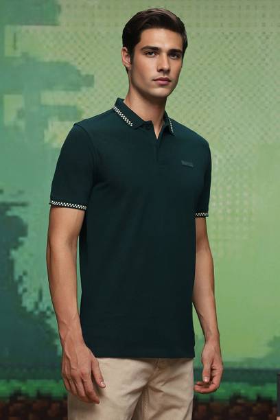 Louis Philippe Jeans Men Solid Polo Neck Pure Cotton Dark Green T