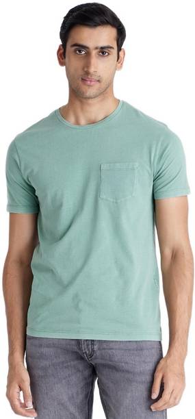 Men Self Design Round Neck Pure Cotton Green T-Shirt