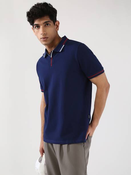 Men Solid Polo Neck Pure Cotton Dark Blue T-Shirt