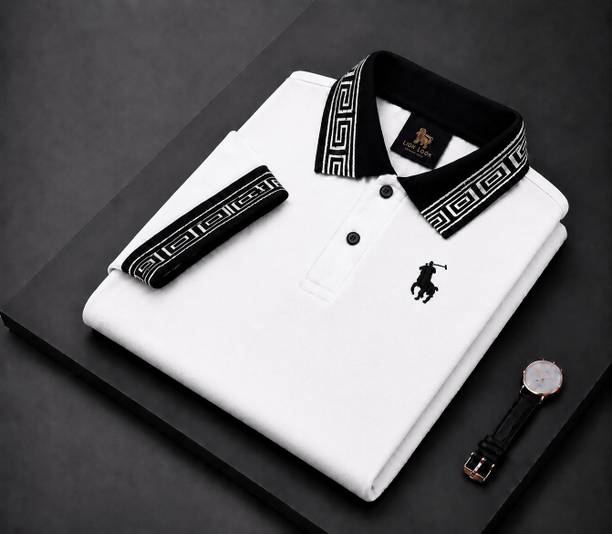 Men Geometric Print, Solid, Graphic Print Polo Neck Polycotton Black, White T-Shirt