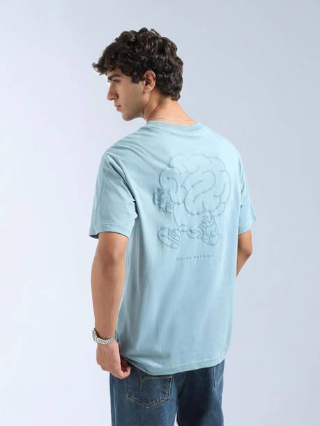 Men Graphic Print Crew Neck Pure Cotton Blue T-Shirt