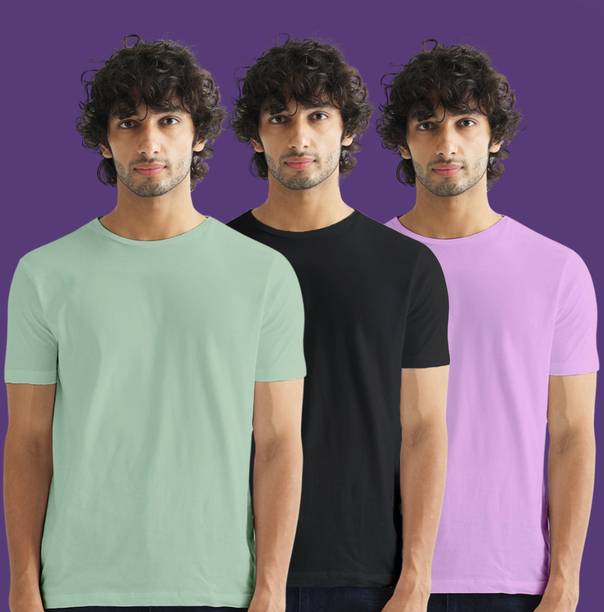 Veirdo Pack of 3 Men Solid Round Neck Pure Cotton Multicolor T-Shirt