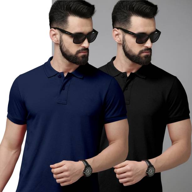 Pack of 2 Solid Men Polo Neck Poly Cotton Navy Blue, Black T-Shirt Price in India