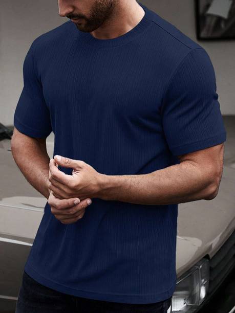 Shienzy Men Solid Round Neck Cotton Blend Navy Blue T-Shirt