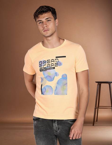 Men Printed Round Neck Cotton Blend Orange T-Shirt