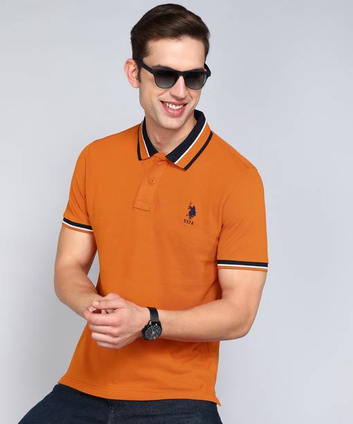 Men Solid Polo Neck Pure Cotton Orange T-Shirt