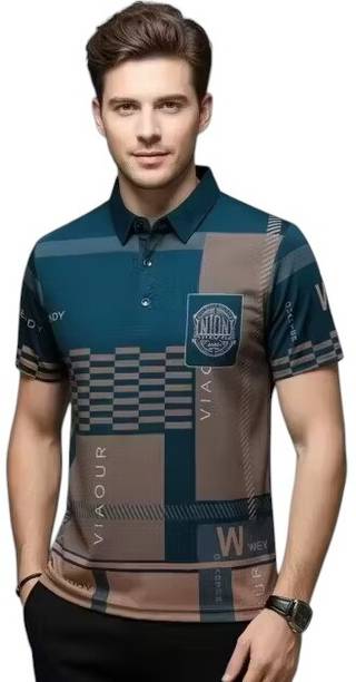 Geometric Print Men Polo Neck Pure Cotton Blue T-Shirt