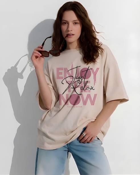 Women Printed Round Neck Pure Cotton Beige T-Shirt