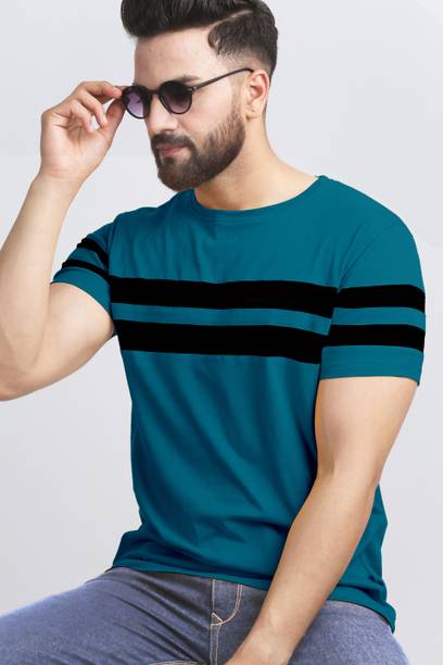 Men Striped Round Neck Cotton Blend Blue, Black T-Shirt