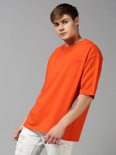 UrGear Men Solid Round Neck Cotton Blend Orange T-Shirt