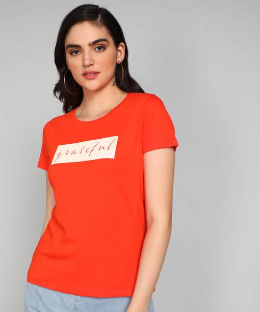 METRONAUT By Flipkart Printed Women Round Neck Cotton Blend Orange T-Shirt