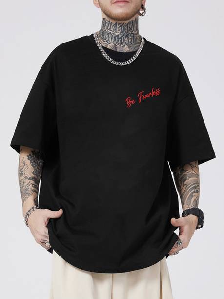 Jump Cuts Men Printed, Typography Round Neck Cotton Blend Black T
