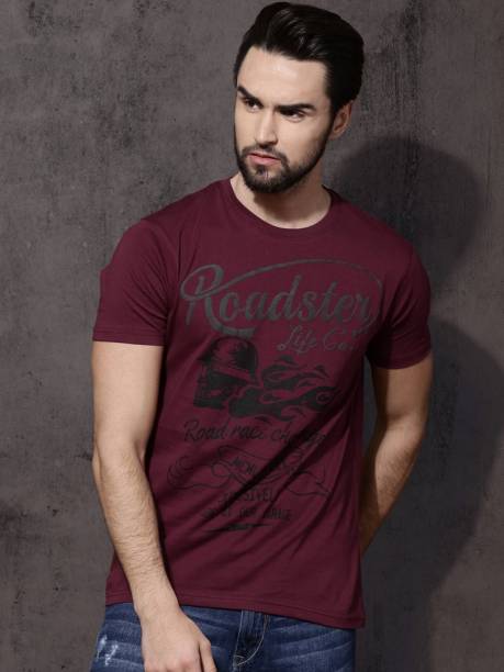 Men Printed Round Neck Pure Cotton Maroon T-Shirt Price in India