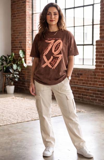 Women Tie & Dye Round Neck Pure Cotton Brown T-Shirt
