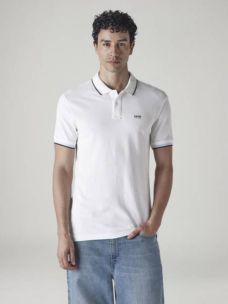LEVI'S Men Solid Polo Neck Cotton Blend White T-Shirt