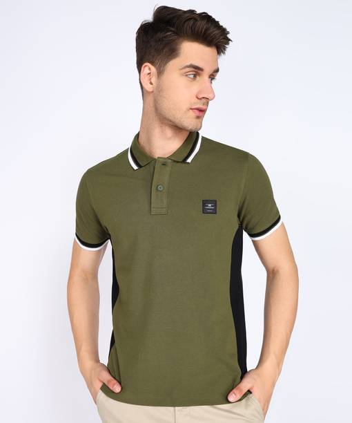 Men Colorblock Polo Neck Cotton Blend Dark Green T-Shirt