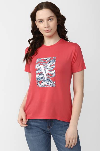 Women Printed Round Neck Polycotton Pink T-Shirt