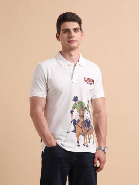 Men Graphic Print Polo Neck Pure Cotton White T-Shirt