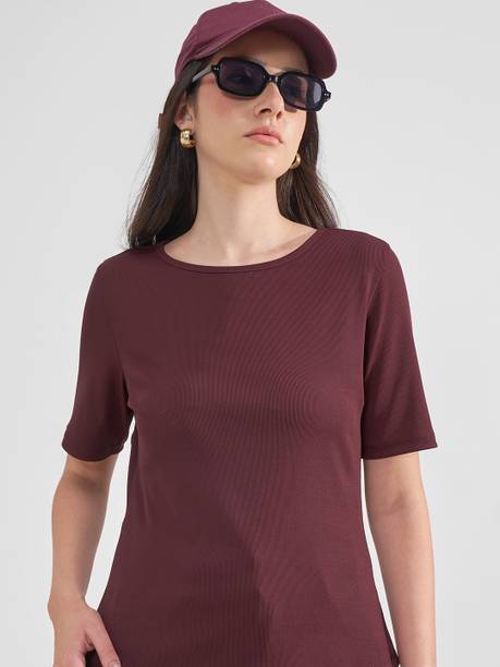 Women Solid Round Neck Cotton Blend Brown T-Shirt