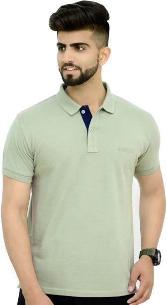 Men Solid Polo Neck Cotton Blend (220 gsm) Green T-Shirt Price in India