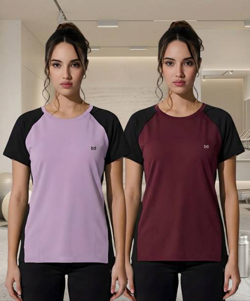 White Moon Pack of 2 Women Colorblock Round Neck Polyester Multicolor T-Shirts