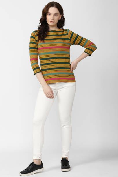 Women Striped Polo Neck Pure Cotton Yellow T-Shirt
