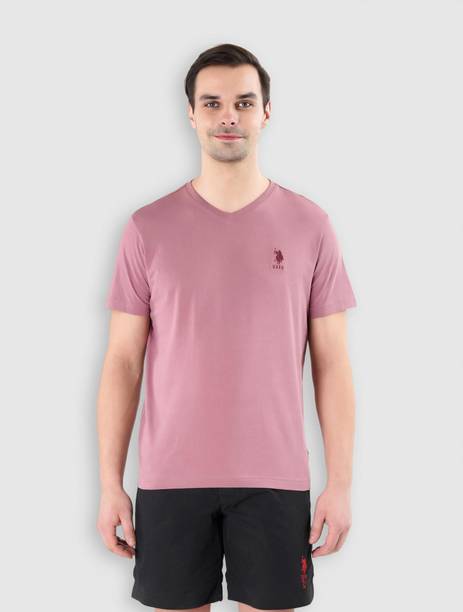 Men Solid V Neck Cotton Blend Pink T-Shirt