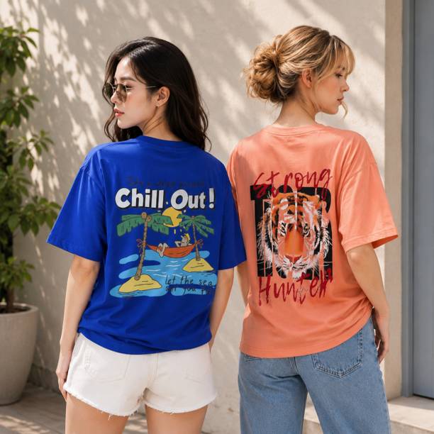 Pack of 2 Women Printed Round Neck Cotton Blend Orange, Blue T-Shirt