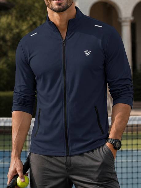 Men Printed Zip Neck Polyester Blue T-Shirt