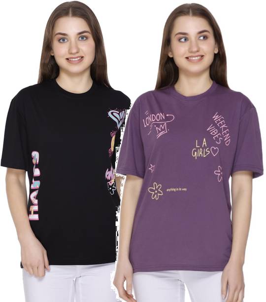 Pack of 2 Women Floral Print Round Neck Reversible Pure Cotton Black, Purple T-Shirt