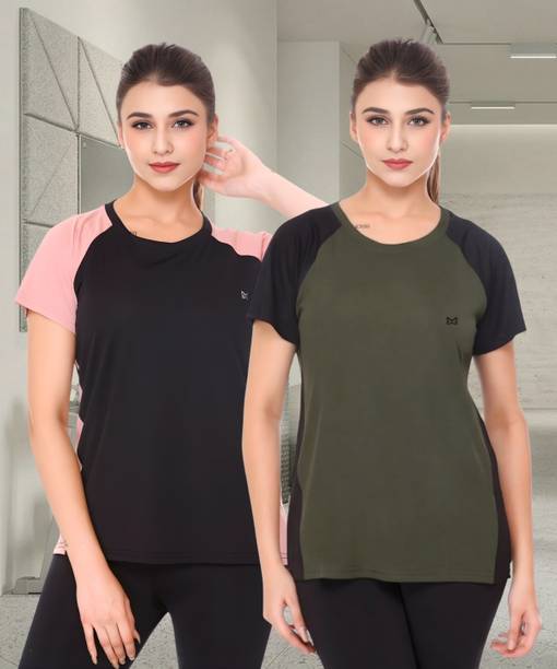 Pack of 2 Women Colorblock and Solid Round Neck Polyester Multicolor T-Shirt