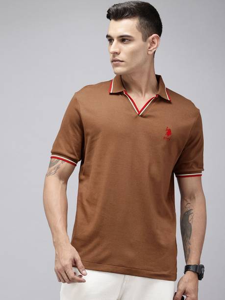 Men Solid Polo Neck Pure Cotton Brown T-Shirt