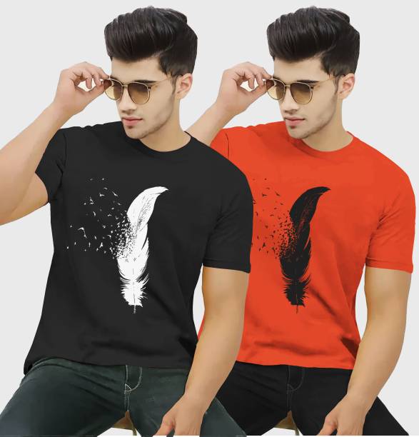 Pack of 2 Men Printed Round Neck Cotton Blend Black, Orange T-Shirt Price in India