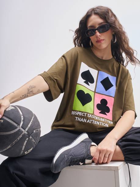 Tokyo Talkies Women Printed Round Neck Cotton Blend Brown T-Shirt