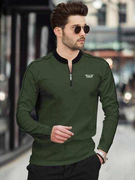 Men Solid Henley Neck Cotton Blend Dark Green, Black T-