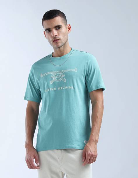 Men Graphic Print Round Neck Pure Cotton Blue T-Shirt