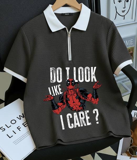 Men Typography Zip Neck Cotton Blend Multicolor T-Shirt