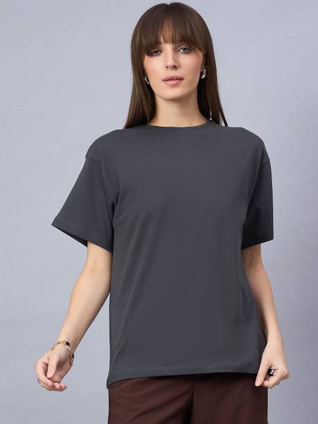 98 Degree North Solid Women Round Neck Grey T-Shirt