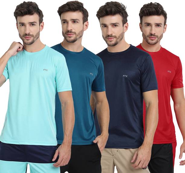 FTX Pack of 4 Men Solid Round Neck Polyester Multicolor T-Shirt