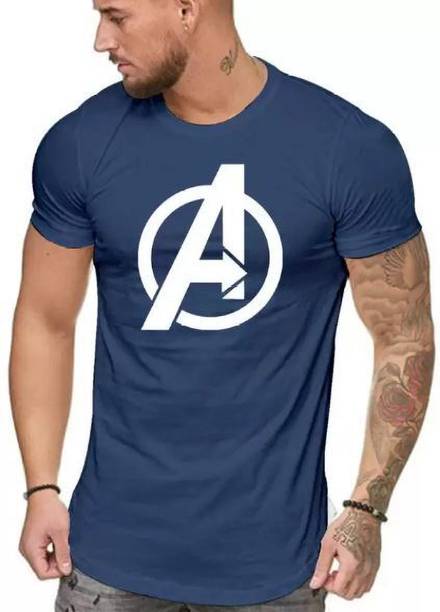 Men Typography Round Neck Poly Cotton Navy Blue T-Shirt