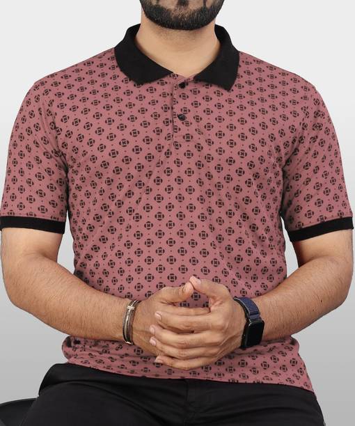 VeBNoR Men Printed Polo Neck Polyester Pink T-Shirt