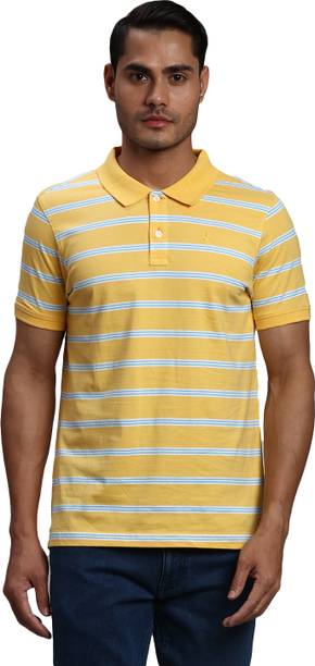 Men Striped Polo Neck Pure Cotton Yellow T-Shirt