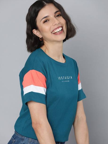 Women Colorblock Round Neck Pure Cotton Blue, White T-Shirt