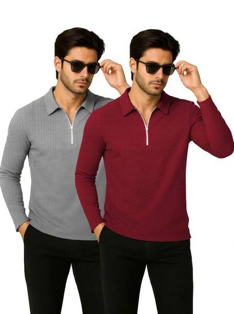 HELMONT Striped Men Zip Neck Grey, Maroon T-Shirt