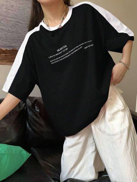 Women Solid Round Neck Cotton Blend Black T-Shirt