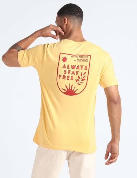 Men Printed, Typography Round Neck Cotton Blend Yellow T-Shirt