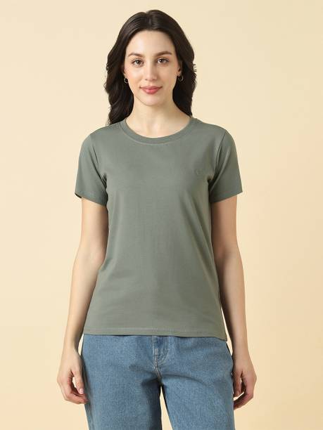 Women Solid Round Neck Pure Cotton Green T-Shirt