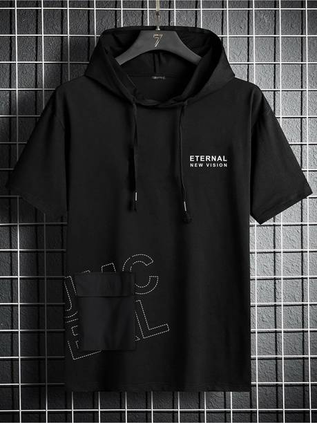 Jump Cuts Men Printed Hooded Neck Cotton Blend Black T-Shirt