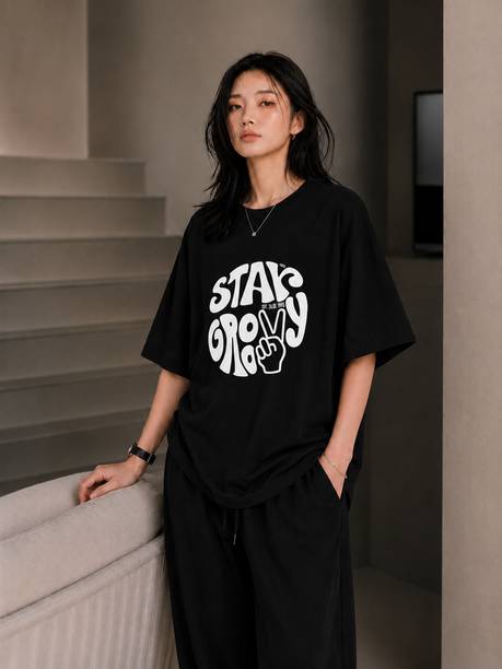 Brave One Women Printed Round Neck Cotton Blend Black T-Shirt
