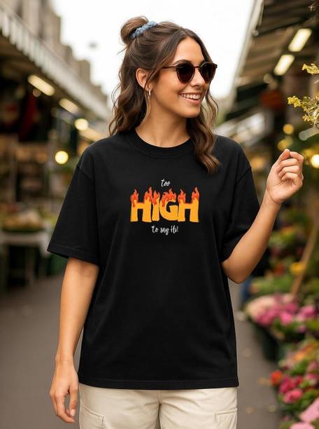 Oversized Women Graphic Print Round Neck Pure Cotton Black T-Shirt